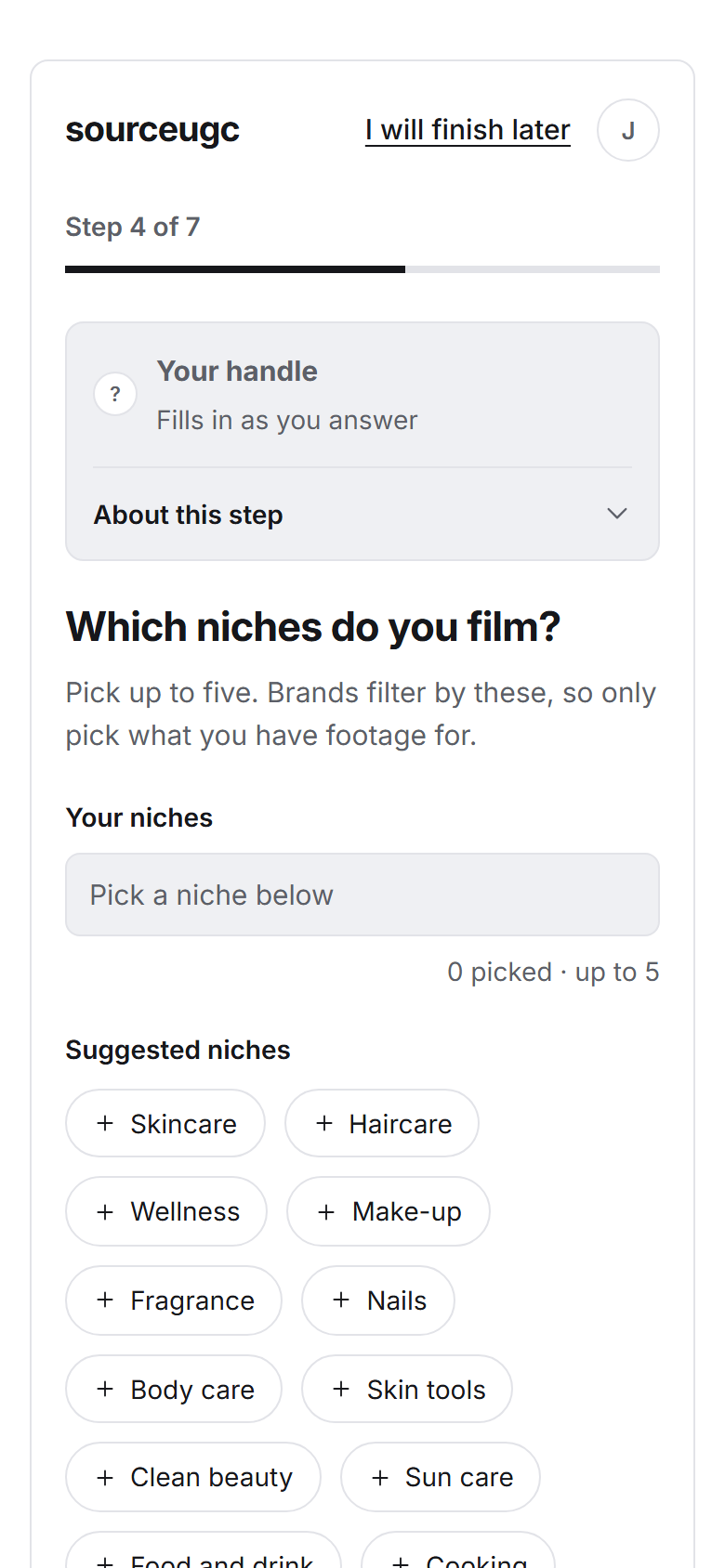The creator application on a phone, asking which niches the creator films in.