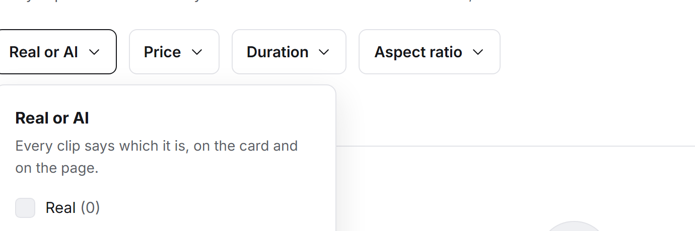 The browse page with the Real or AI filter open, showing separate counts for real and AI-generated clips.