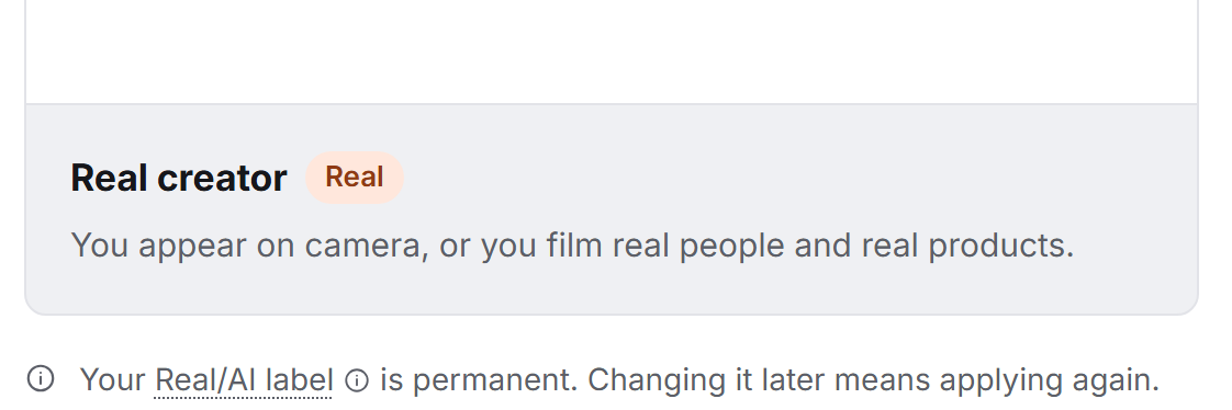 The creator application asking whether the applicant is a real creator or an AI creator, with the Real and AI tags.