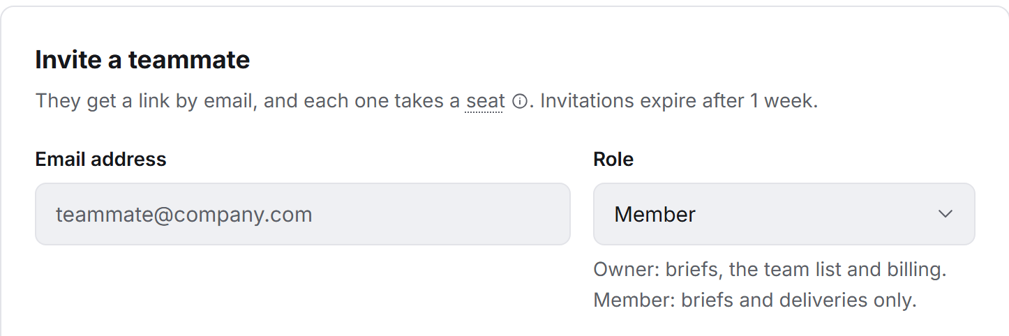 The team settings in a brand workspace: an invite form with an email address and a role, and a note that invitations expire after one week.