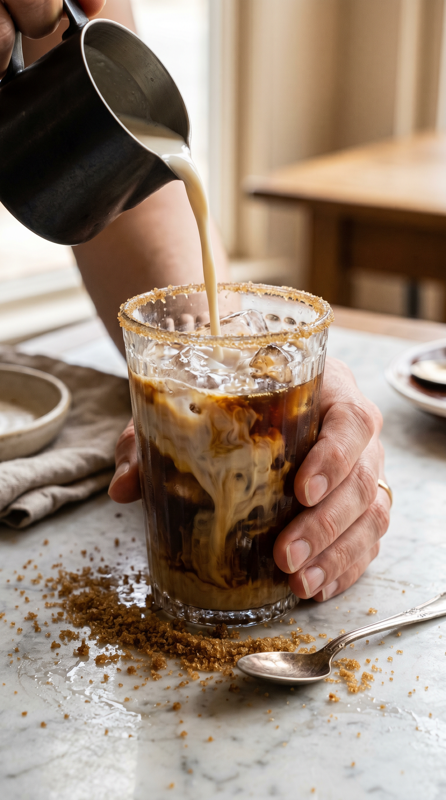 Iced latte slow-pour, marble counter