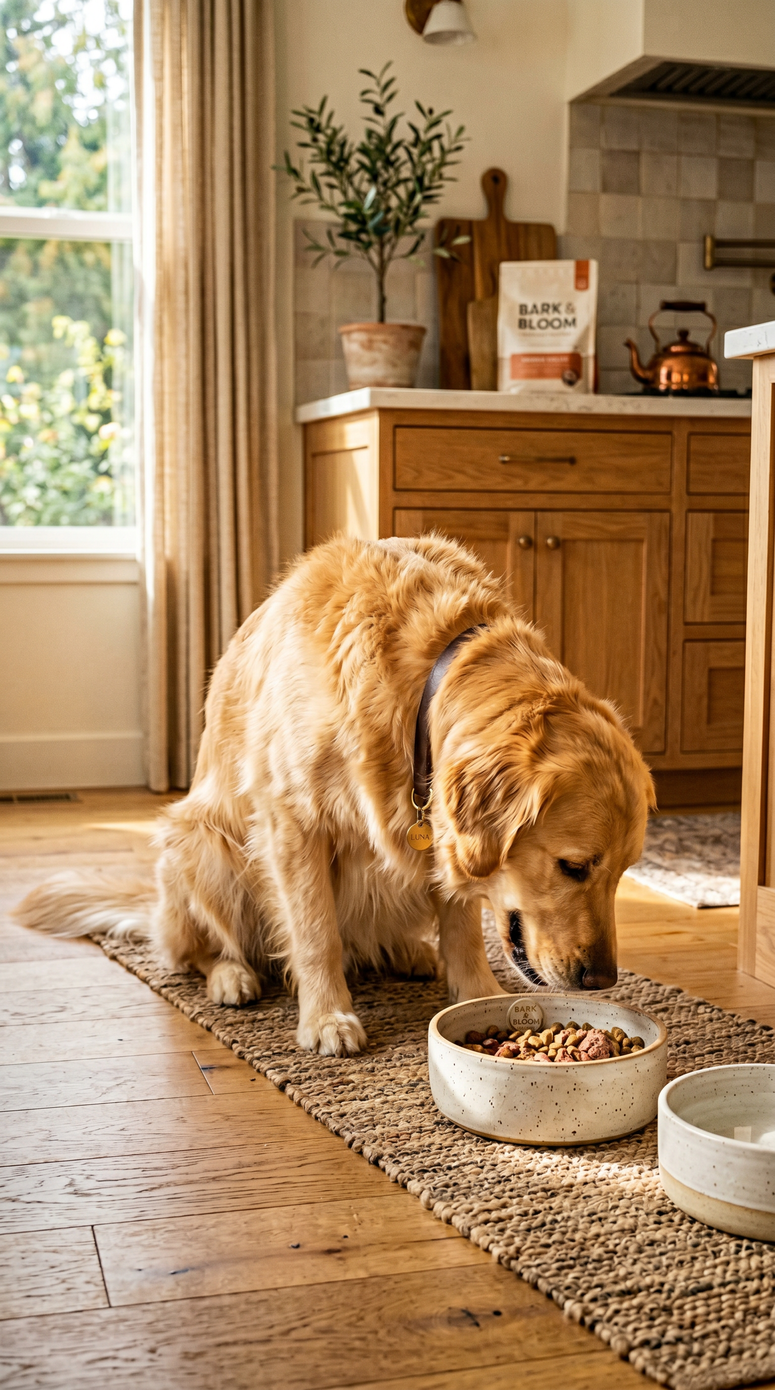 Pet-food pour — golden retriever, sunlit kitchen
